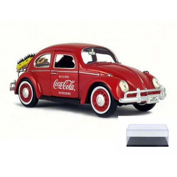 Diecast Car & Display Case Package - 1966 Volkswagen Beetle w/ Rack & Bottles Coca Cola, Red - Motorcity Classics 424067 - 1/24 Scale Diecast Model Toy Car w/Display Case