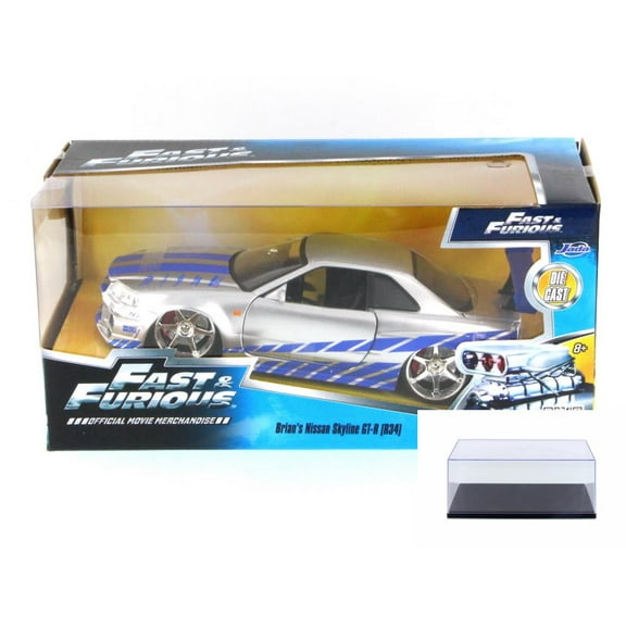 Diecast Car & Display Case Package - Fast & Furious Brian's Nissan Skyline GT-R, Candy Silver - Jada Toys 97158 - 1/24 Scale Diecast Model Toy Car w/Display Case