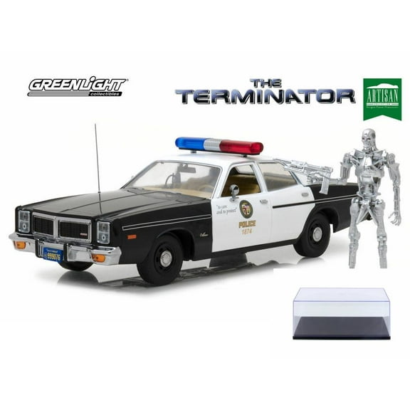 Diecast Car & LED Display Case Package - 1977 Dodge Monaco Metropolitan Police with T-800 Endoskeleton Figure, The Terminator - Greenlight 19042 - 1/18 Scale Diecast Model Toy Car w/LED Display Case
