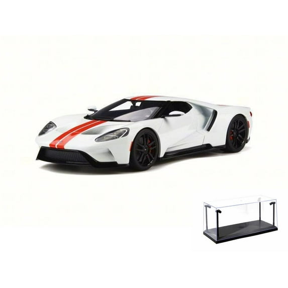 Diecast Car & LED Display Case Package - 2017 Ford GT, White w/ Red - GT Spirit GT097 - 1/18 Scale Resin Collectible Vehicle Replica w/LED Display Case