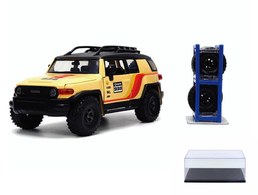 Diecast Car w/Display Case - Toyota FJ Cruiser #938 w/ Extra Wheels, Yellow - Jada Toys 33028 - 1/24 scale Diecast Car