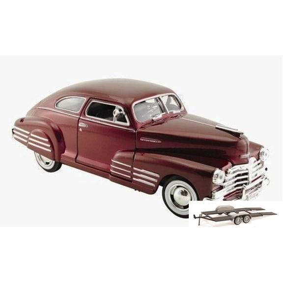 Diecast Car & Trailer Package - 1948 Chevrolet Aerosedan Fleetline, Burgundy - Showcasts 73266 - 1/24 Scale Diecast Model Toy Car w/Trailer