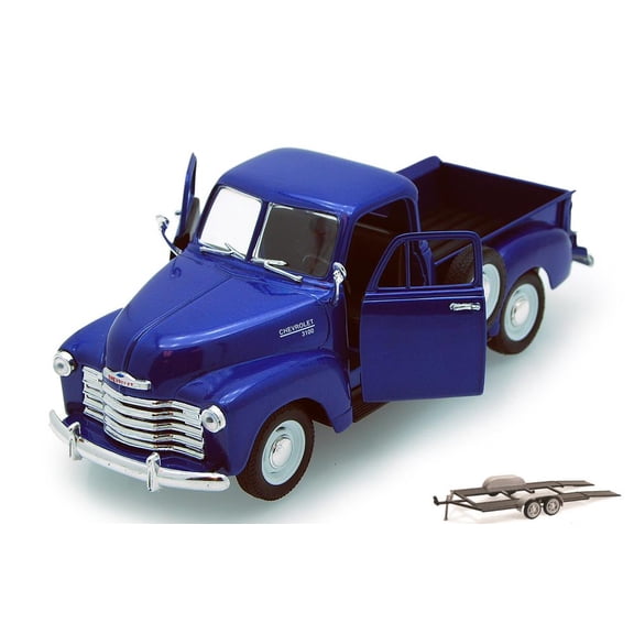 Diecast Car & Trailer Package - 1953 Chevy 3100 Pickup Truck, Blue - Welly 22087 - 1/24 scale Diecast Model Toy Car w/Trailer