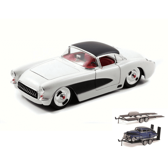 Diecast Car & Trailer Package - 1957 Chevy Corvette, White - JADA Toys 98161WA1 - 1/24 Scale Diecast Model Toy Car w/Trailer