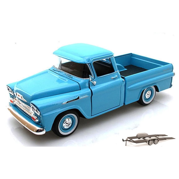 Diecast Car & Trailer Package - 1958 Chevy Apache Fleetside Pickup Truck, Light Blue - Motormax 79311 - 1/24 scale Diecast Model Toy Car w/Trailer