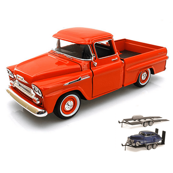 Diecast Car & Trailer Package - 1958 Chevy Apache Fleetside Pickup Truck, Orange - Motormax 79311 - 1/24 scale Diecast Model Toy Car w/Trailer