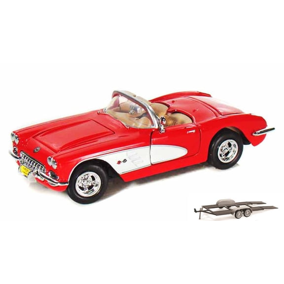 Diecast Car & Trailer Package - 1959 Chevy Corvette Convertible, Red - Motormax 73216 - 1/24 scale Diecast Model Toy Car w/Trailer