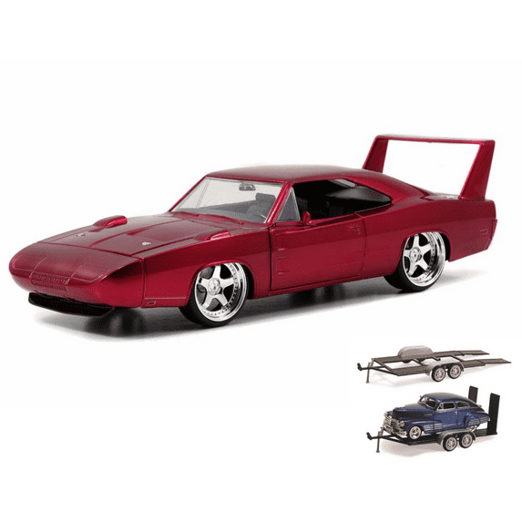Diecast Car & Trailer Package - 1969 Dodge Charger Daytona, Burgundy - Jada Toys 97060 - 1/24 scale Diecast Model Toy Car w/Trailer