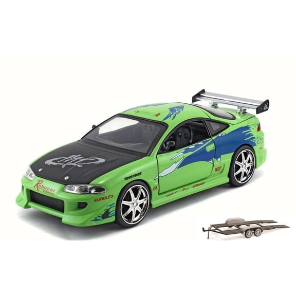 Diecast Car & Trailer Package - 1995 Brian's Mitsubishi Eclipse, Lime Green - JADA Toys 97603WA1 - 1/24 Scale Diecast Model Toy Car w/Trailer