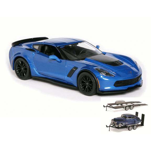 Diecast Car & Trailer Package - 2015 Chevrolet Corvette Z06, Blue - Maisto 31133 - 1/24 Scale Diecast Model Toy Car w/Trailer