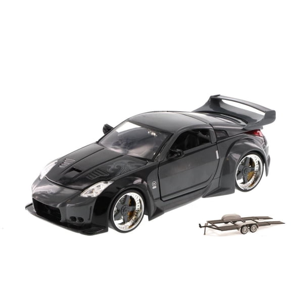 Diecast Car & Trailer Package - Fast & Furious D.K.'s 2006 Nissan 350Z Hard Top, Gray with Black - JADA 97172 - 1/24 Scale Diecast Model Toy Car w/Trailer