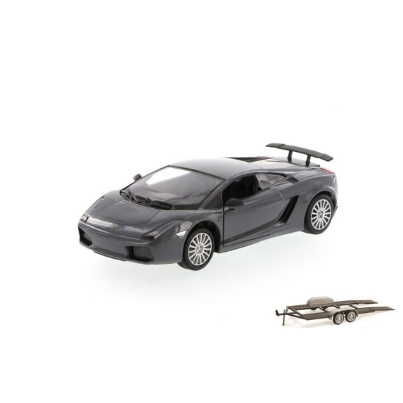 Diecast Car & Trailer Package - Lamborghini Gallardo Superleggera, Gray With Black Roof - Motormax 73346 - 1/24 Scale Diecast Model Car w/Trailer