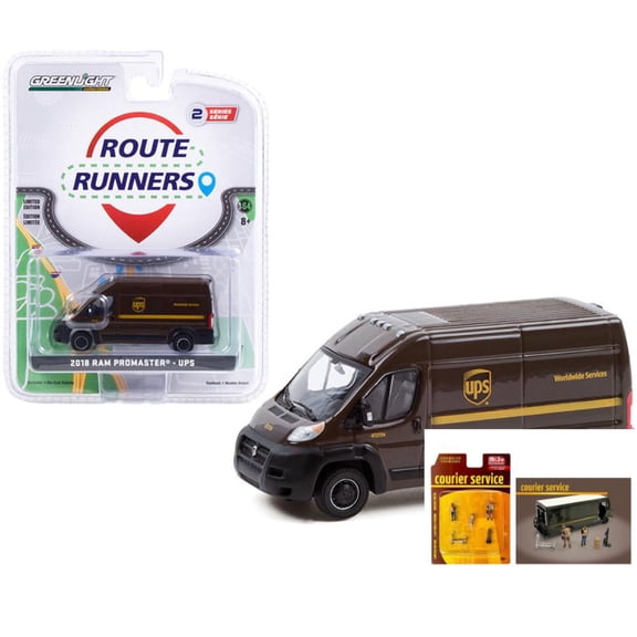 Diecast Car w/Courier Service Figure Set - UPS 2018 Dodge Ram ProMaster 2500 Cargo High Roof Van, Brown - Greenlight 53020D - 1/64 Diecast Car