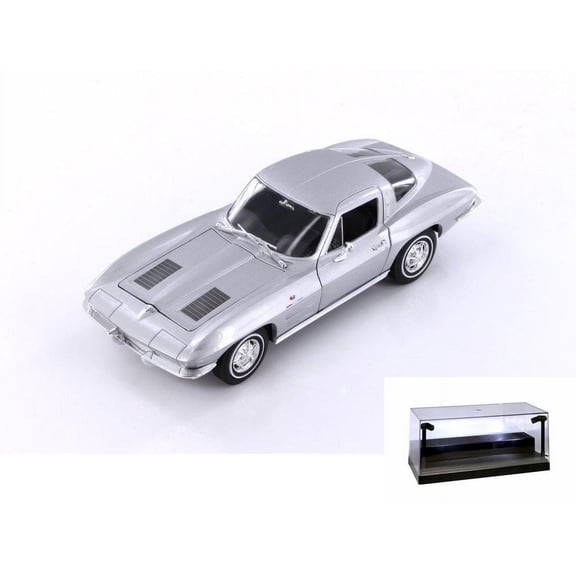 Diecast Car w/Display Case - 1963 Chevy Corvette Hard Top, Silver - Welly 24073/4D - 1/24 scale Diecast Model Toy Car