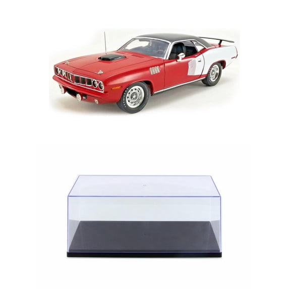 Diecast Car w/Display Case - 1971 Plymouth Hemi Barracuda Hardtop, Red with White and Black - Acme A1806121 - 1/18 Diecast Car