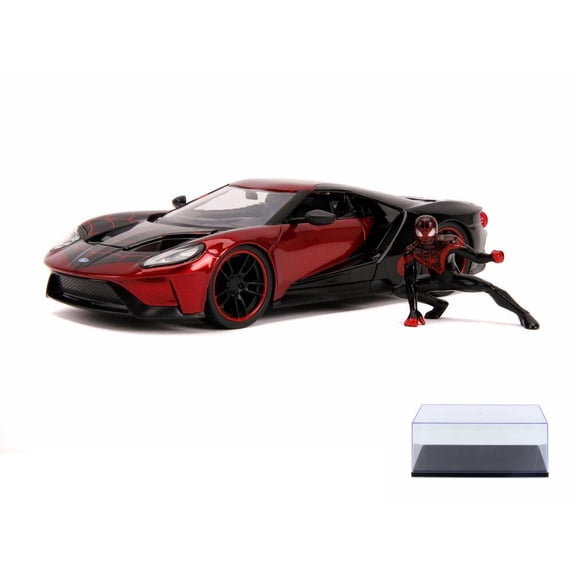 Diecast Car w/Display Case - 2007 Ford GT with Miles Morales Spider Man Figure, Red and Black - Jada 31190/4 - 1/24 Scale Diecast Model Toy Car