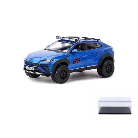 Diecast Car w/Display Case - Lamborghini Urus #63 with Roof Rack, Blue - Maisto 32533BU - 1/24 scale Diecast Model Toy Car