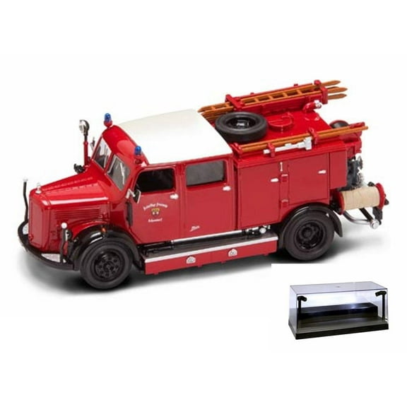 Diecast Car w/LED Display Case - 1950 Mercedes Benz TLF-50 Freiroillige Feuerroehr Schorndorf Fire Engine, Red - Yatming 43013 - 1/43 Scale Diecast Model Toy Car