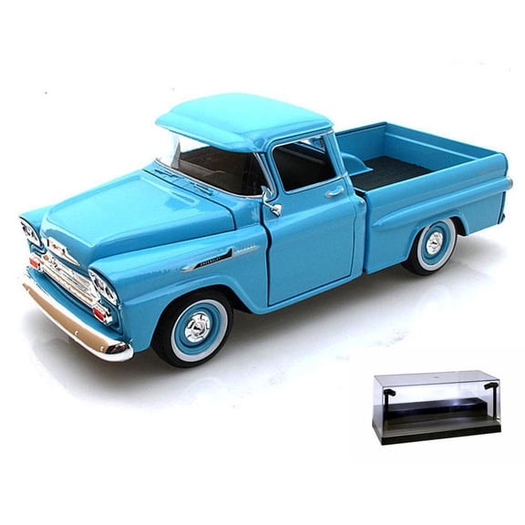 Diecast Car w/LED Display Case - 1958 Chevy Apache Fleetside Pickup Truck, Light Blue - Motormax 79311 - 1/24 scale Diecast Model Toy Car
