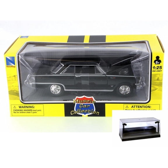 Diecast Car w/LED Display Case - 1964 Chevy Nova SS, Black - New Ray 71823B - 1/24 Scale Diecast Model Toy Car