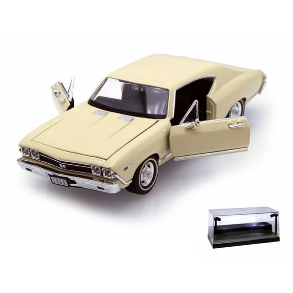 Diecast Car w/LED Display Case - 1968 Chevy Chevelle SS396 , Cream - Welly 29397 - 1/24 scale Diecast Model Toy Car