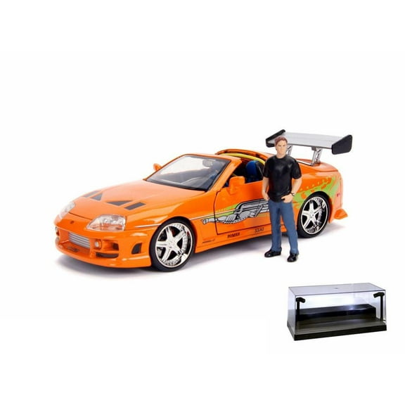 Diecast Car w/LED Display Case - Toyota Supra with Brian Figure , Buildable Model Kit, Fast and Furious - Jada 30699 - 1/24 Scale Diecast Model Toy Car