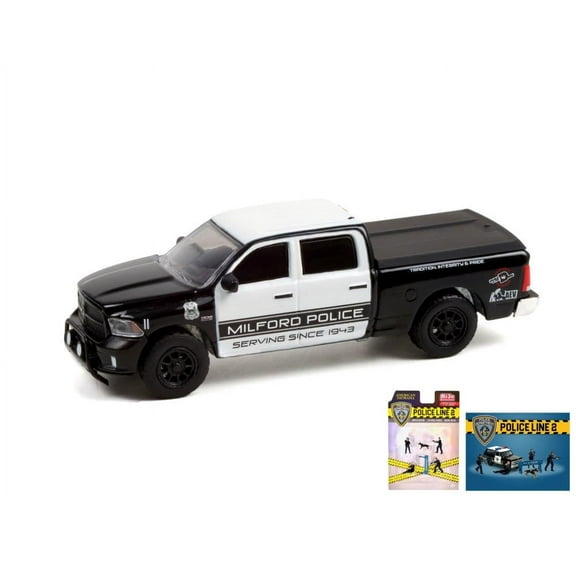 Diecast Car w/Police Figurine Set - Milford Police Department 2017 Dodge Ram 1500 SSV 4x4 Pickup Truck with Bed Cover, White and Black - Greenlight 42980E/48 - 1/64 scale Diecast Model Toy Car