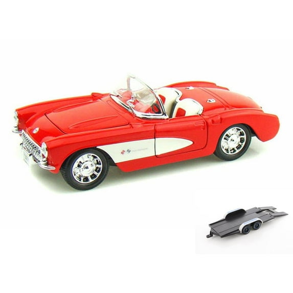Diecast Car w/Trailer - 1957 Chevy Corvette Convertible, Red - Welly 29393 - 1/24 scale Diecast Model Toy Car