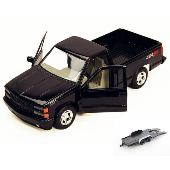 Diecast Car w/Trailer - 1992 Chevy 454SS Pick Up Truck, Black - Motormax 73203 - 1/24 Scale Diecast Model Car