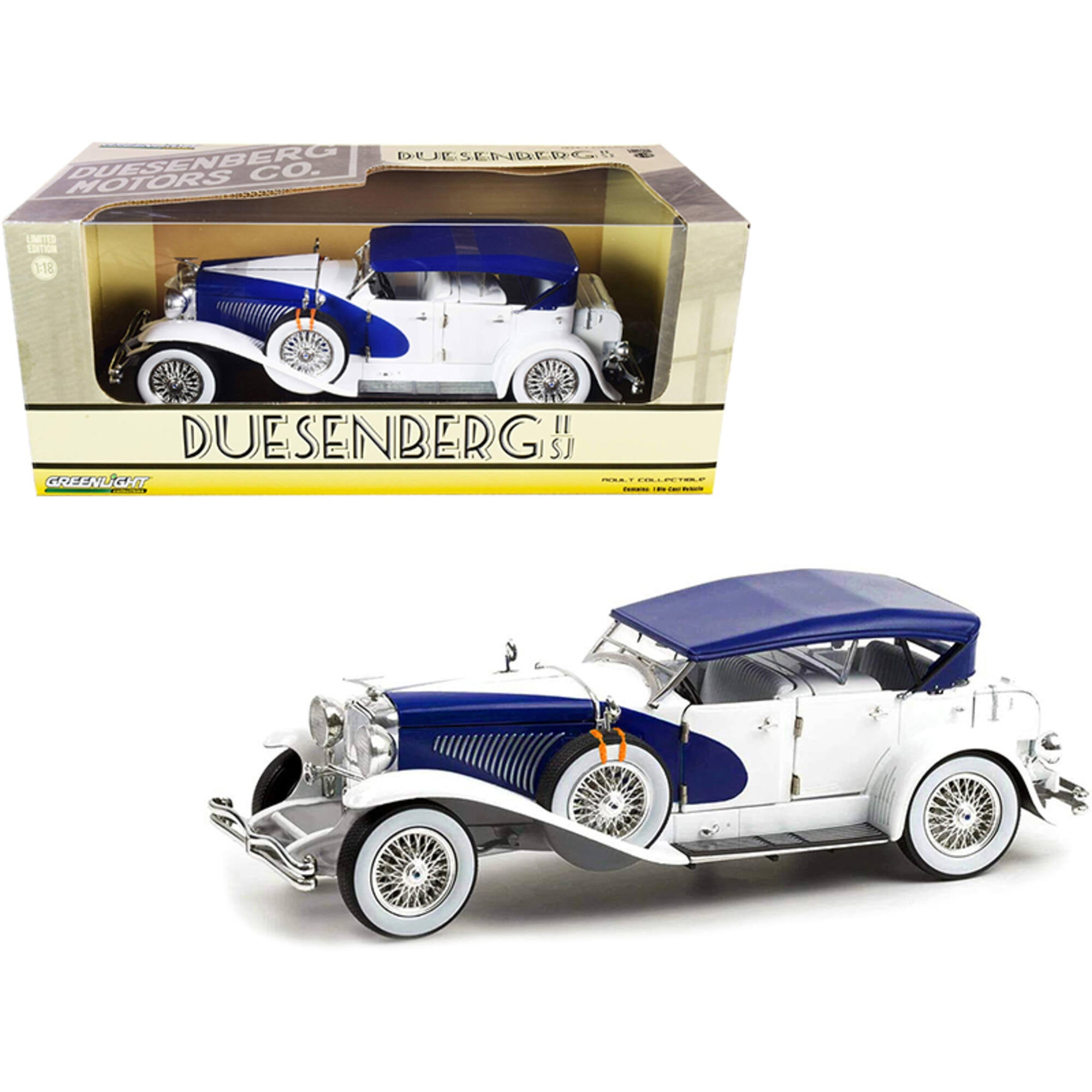 Diecast Duesenberg II SJ Blue and White with White Interior 1 18 Diecast Model Car by Greenlight