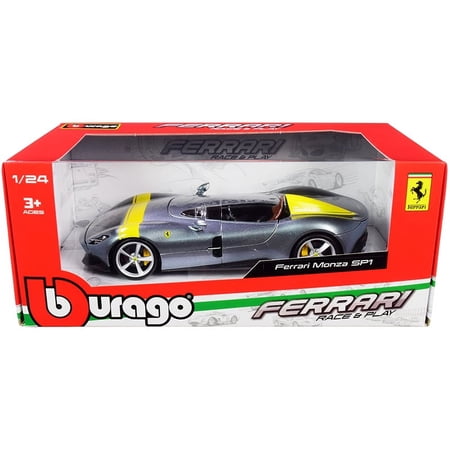 Diecast Ferrari Monza SP1 Silver Metallic with Yellow Stripes 1/24 Diecast Model Car From Bburago