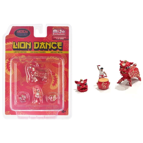 Diecast "Lion Dance" 4 piece Diecast Figure Set (1 Figures 1 Lion 2 Accessories) Limited Edition to 2400 pieces Worldwide for 1/64 Scale Models From American Diorama