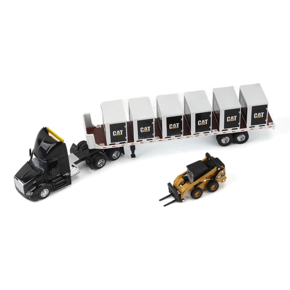 Diecast Masters 1/64 Black Peterbilt Semi Truck with Flatbed Trailer, 6 Pallet Boxes, & CAT Skid Steer Loader, 84675