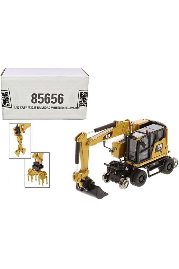 Diecast Masters 1-87 HO Scale CAT Caterpillar M323F Railroad Wheeled Excavator with 3 Accessories High Line Series Diecast Model