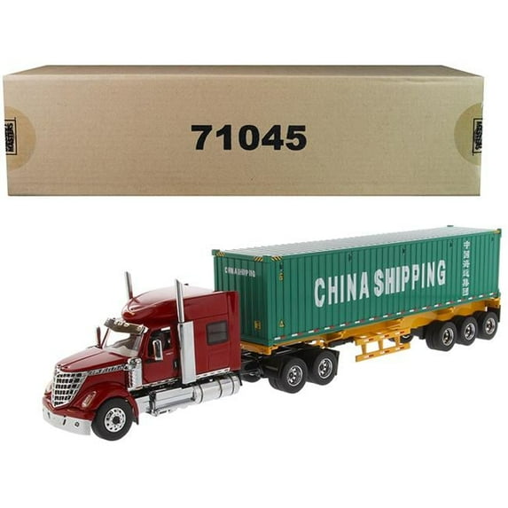 Diecast Masters 71045 International LoneStar Sleeper Cab Red with Skeleton Trailer & 40 ft. Dry Goods Sea ContainerGreen Transport Series 1 by 50 Diecast Model