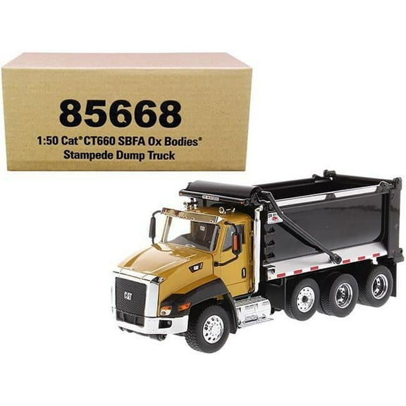 Diecast Masters CAT Caterpillar CT660 SBFA with Ox Bodies Stampede Dump Truck Yellow & Black 1-50 Diecast Model Car