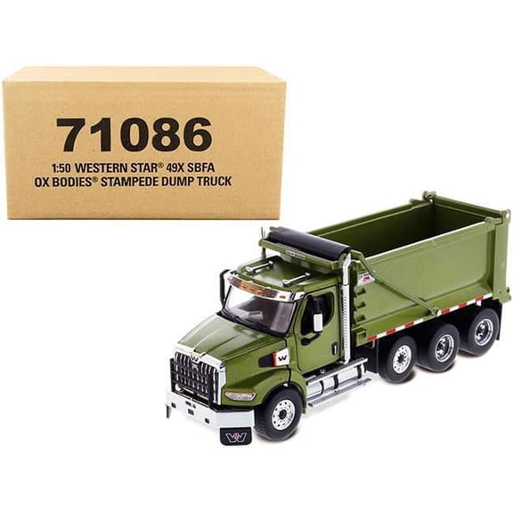 Diecast Masters DM71086 1-50 Scale Diecast Olive Green Metallic Transport Series Western Star 49X SBFA OX Bodies Stampede Model Dump Truck