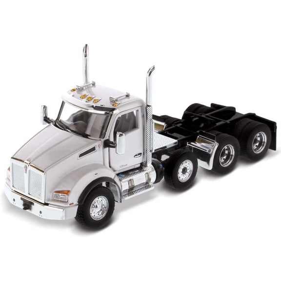 Diecast Masters Kenworth T880 SBFA DayCab Pusher-Axle Tandem Tractor - Metallic White | Real Truck Specifications | 1:50 Scale Model Semi Trucks | Diecast Model 71058