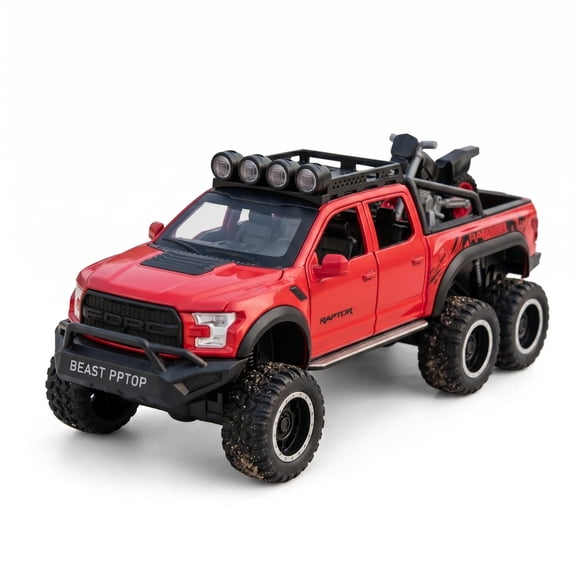 Diecast Metal 6-Wheel Off-Road Pickup Truck Model, Alloy Toy Vehicle with Lights and Sound, Red Collectible Display Toy for Kids and Car Enthusiasts