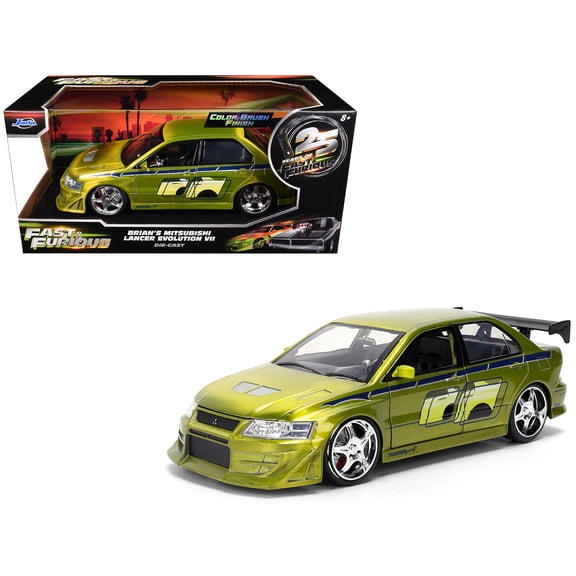 Diecast Model Car Brian's Mitsubishi Lancer Evolution VII Green Color Brush Finish "2 Fast 2 Furious" (2003) Movie "25 Years of Fast & Furious" Series1/24 by Jada