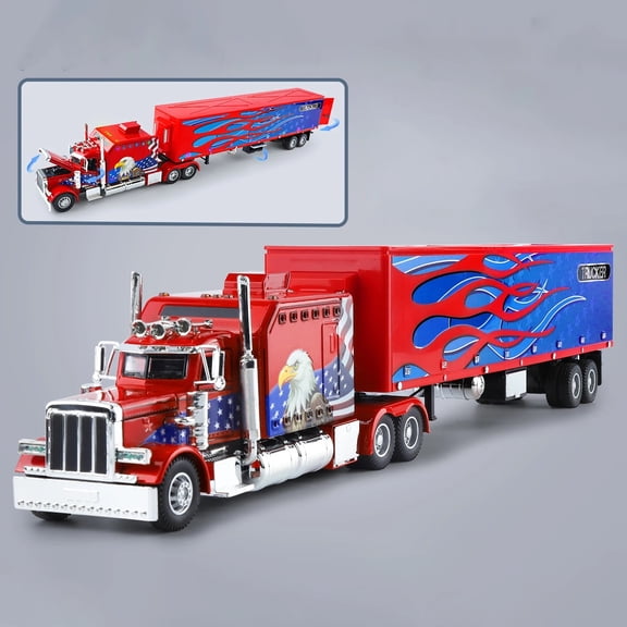 Diecast Semi Truck with Trailer Model, Pull Back Container Lorry Toy, Realistic American Style Tractor Trailer Replica, Desktop Collectible & Kids Gift for Ages 3+