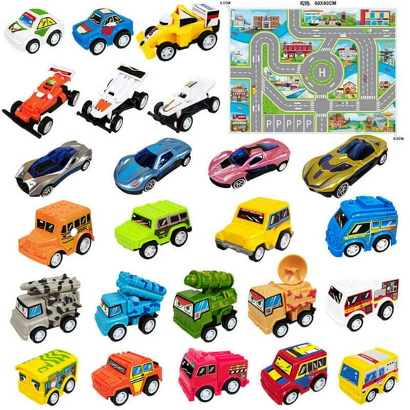 Diecast Toy Cars Set with Play Mat Assorted Mini Vehicles for Kids Educational Pretend Play Gift Pack Pull Back Action