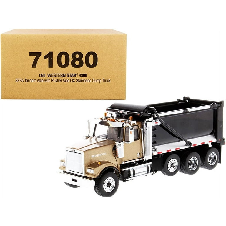 Diecast Western Star 4900 SFFA Tandem with Pusher Axle OX Stampede Dump  Truck Gold and Black 