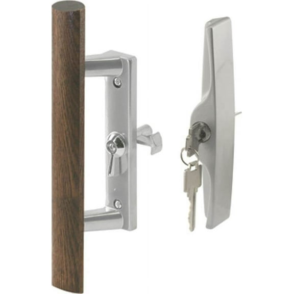 Diecast with Wood Handle, Gray, Patio Door Handle, Tee Lock, Keyed