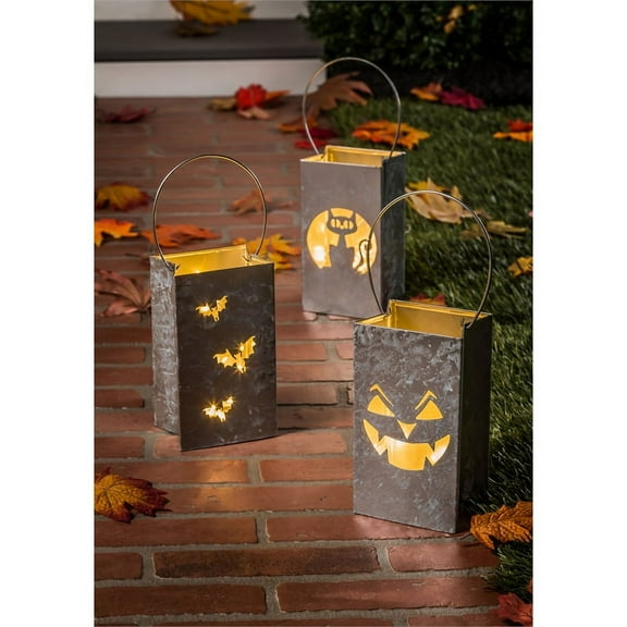 Diecut Galvanized Metal Lantern, 3 Asst, Bat/Cat/Jack-O-Lantern