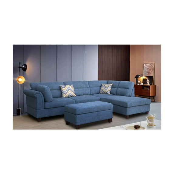 Diego Blue Fabric Sectional with Storage Ottoman and 2 Accent Pillows
