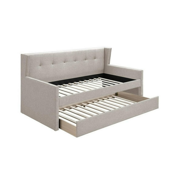 Diem Classic Wood Day Bed with Trundle, Button Tufted Back, Taupe Burlap