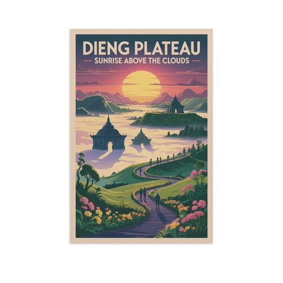Dieng Plateau Sunrise Above The Clouds Java Vintage Travel Poster Retro Indonesia Wall Art Scenic Highland Landscape Canvas Poster