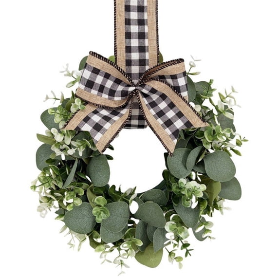 Dienrx 10" Artificial Greenery Wreath with Buffalo Plaid Ribbon, Farmhouse Spring Wreath for Front Door, Eucalyptus Swag for Kitchen Wall Cabinet Window Decor, Ready to Hang