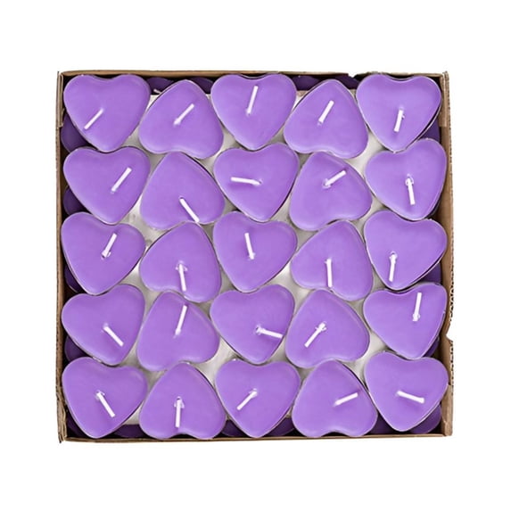 Dienrx 50-Pack Purple Heart Shaped Unscented Tea Light Candles, Small Votive Candles for Wedding - Valentine's Day, Anniversary, Romantic Dinner, Party Decorations